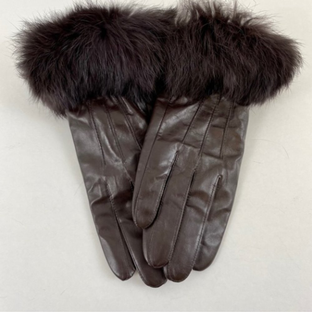 Leather Fur Gloves Large Rabbit Trim Short Brown